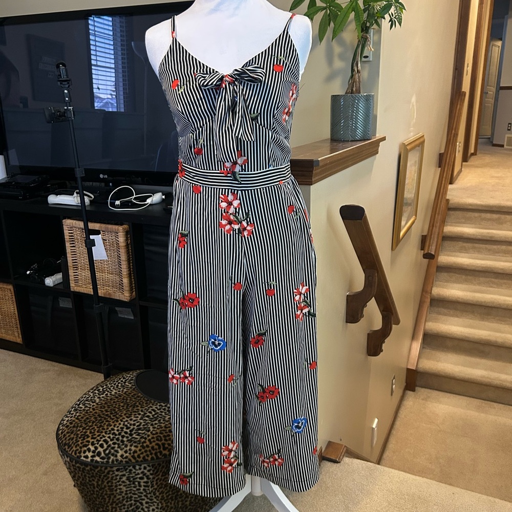Japna Striped Black and white Floral and Cherry Print Jumpsuit